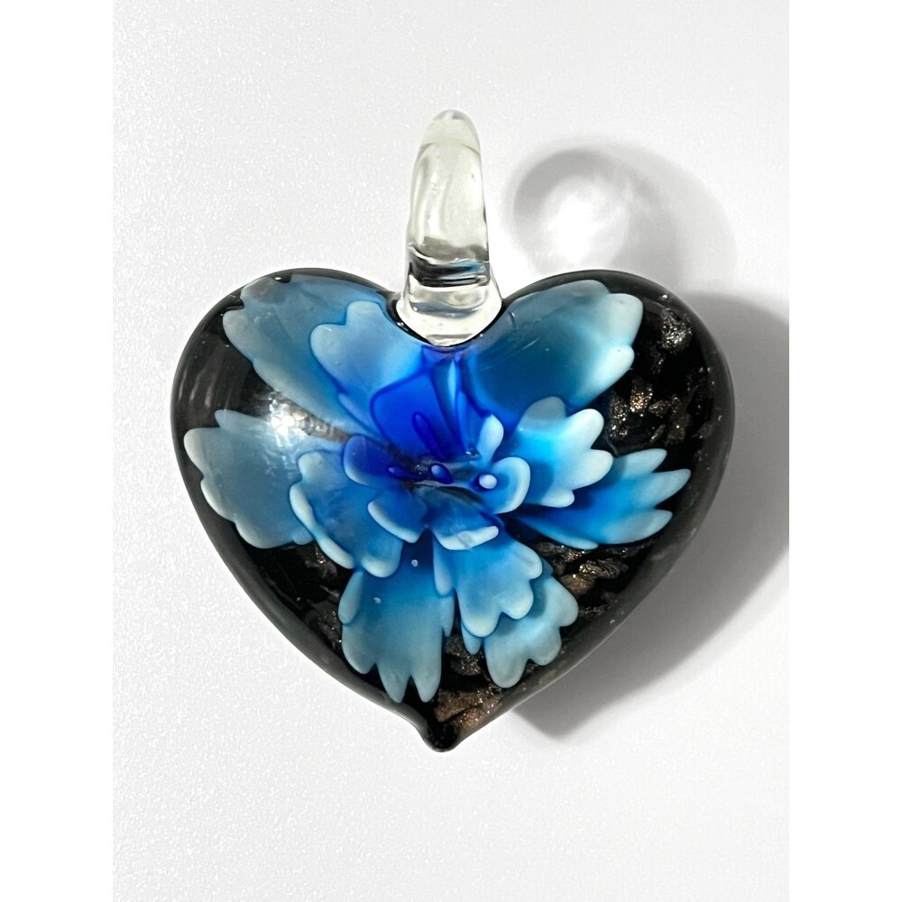 Art Glass Puffy Heart Pendant Blue Floral Bloom Flower Handcrafted Jewelry